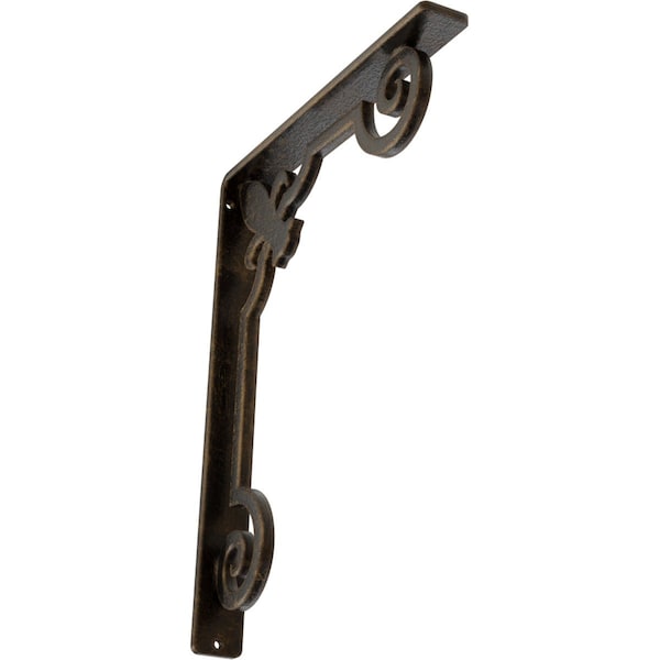 Ekena Millwork Fleur De Lis Wrought Iron Bracket, (Single center brace), Antiqued Brass 1 1/2"W x 10"D x 12"H BKTM01X10X12SFLABS - main